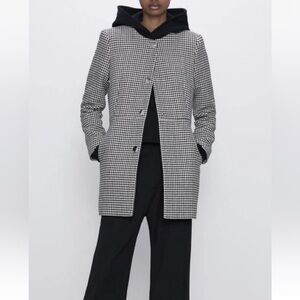 Zara Black and Ecru Check Gingham Frock Long Coat/Blazer  Size Large